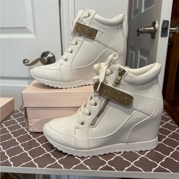 Justfab White and Gold High-Top Wedge Sneakers - Picture 1 of 1